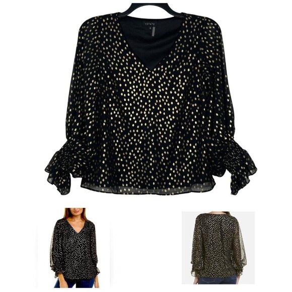 1.State Womens Blouse Size Small Black Gold Foil Dots Long Balloon Sleeves - Picture 1 of 10